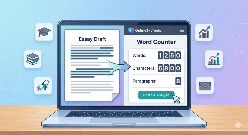 Illustration of a laptop screen demonstrating how to copy and paste word count from an essay draft into the OnlineTxtTools word counter interface.