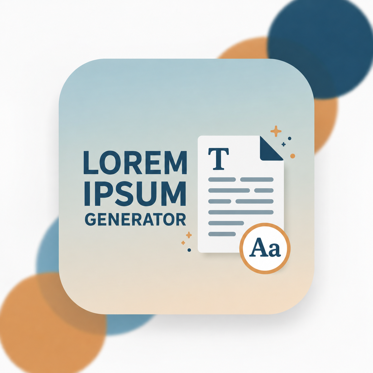 Minimalist Lorem Ipsum Generator icon with a document, 'Aa' badge, and blue-orange gradient design.